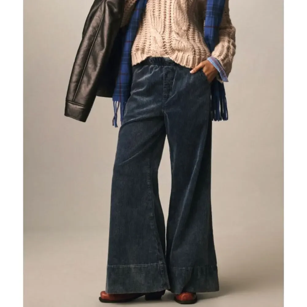 Anthropologie Pilcro Plush Corduroy High-Rise Pull-On Flare Pants | Sz M, Blue - Picture 1 of 4